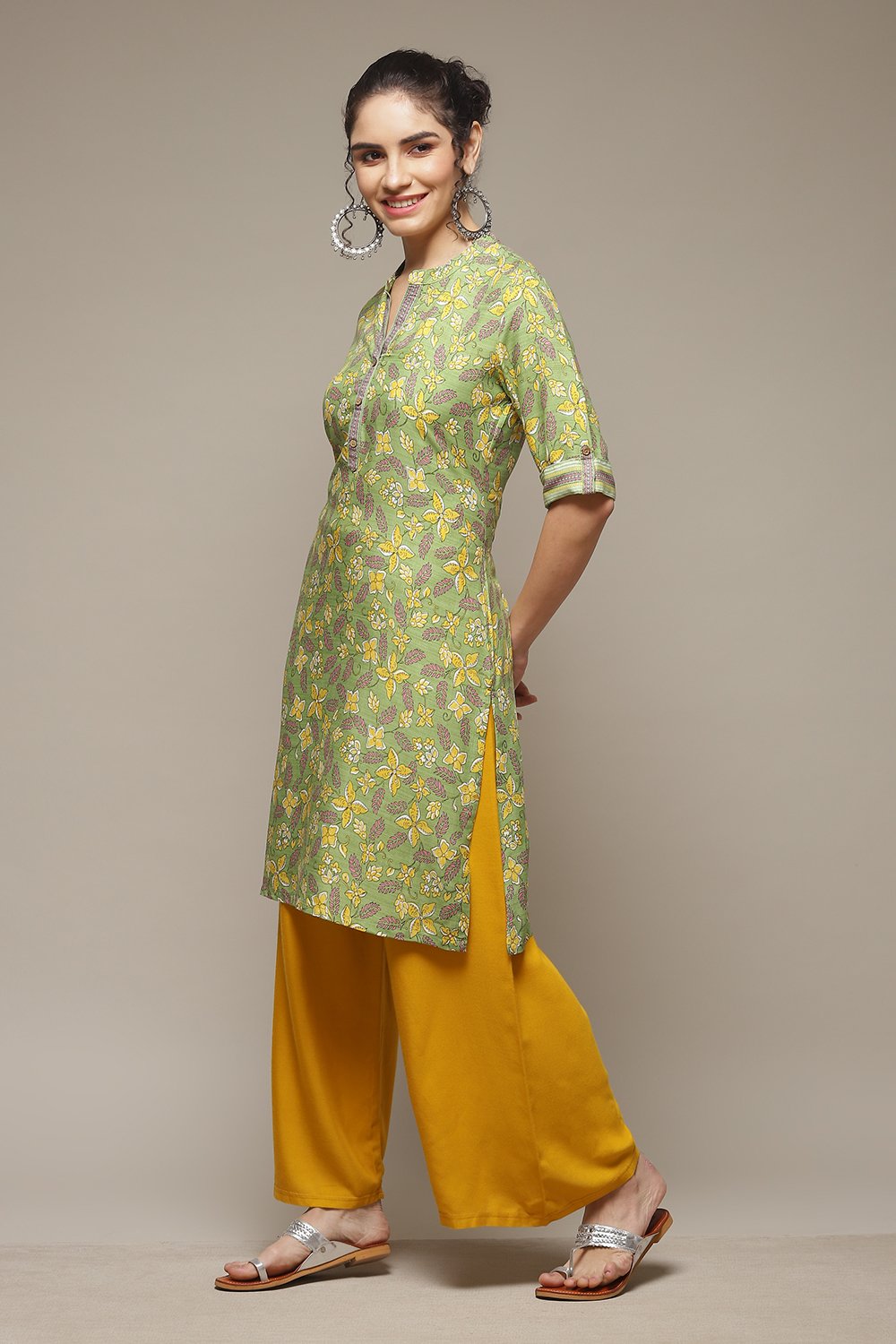 Lime Green LIVA Straight Kurta image number 3